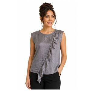 A.N.A Women’s Medium Silver Gray Sleeveless Ruffle Blouse Asymmetrical Top EUC
